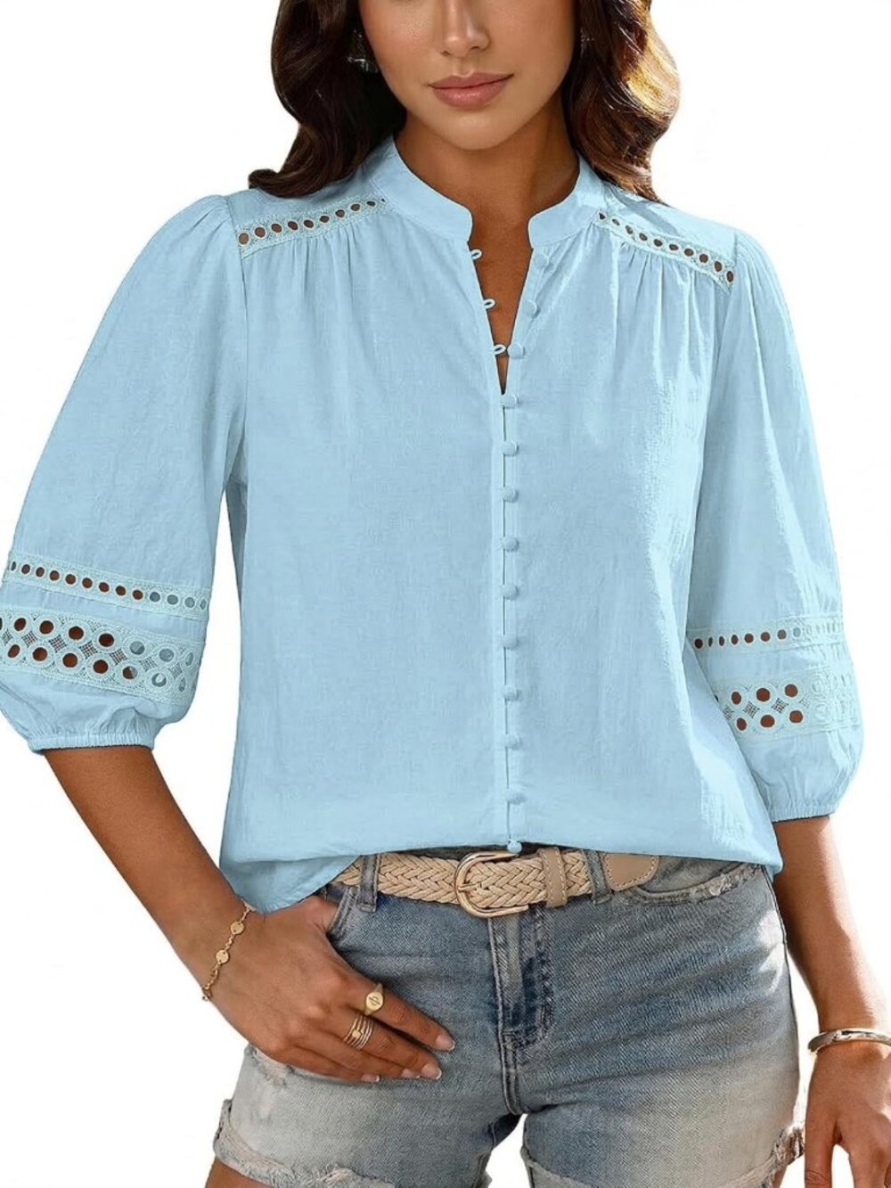 Stylish 3/4 Puff Sleeve Button Down Blouse - Cotton Eyelet Boho Top for Women